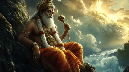 Regal sage with mace resting above radiant waterfalls.