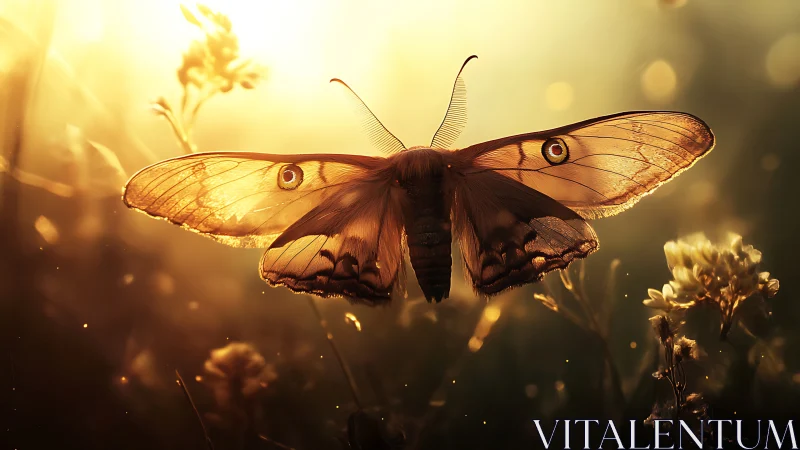 Moth with translucent wings in backlit meadow at sunset.