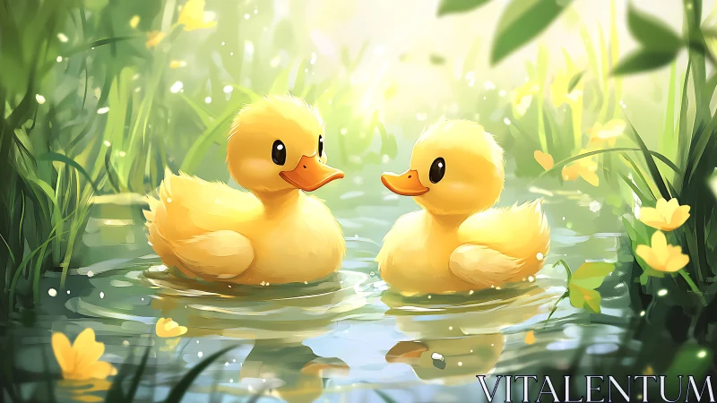 Sunlit ducklings drifting through a tranquil flowered pond.