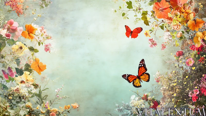 Butterflies over pastel floral border on soft teal sky.