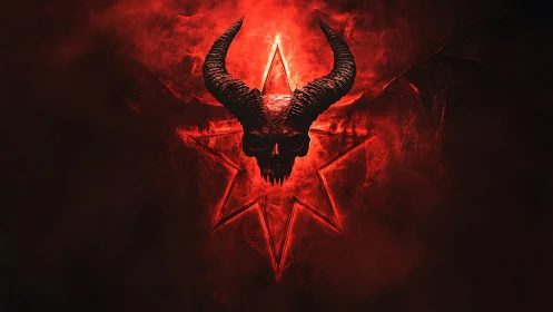 Horned skull in crimson smoke over a glowing infernal star.