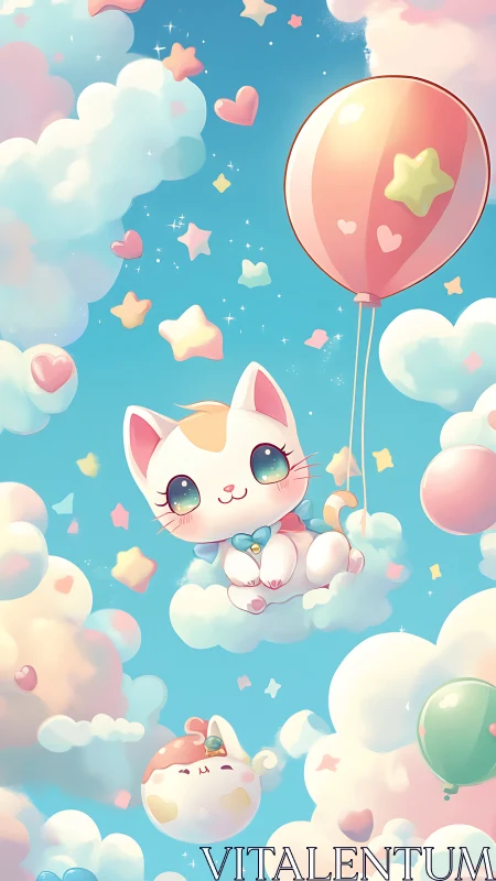 Balloon-kitten drifts through sugar-cloud skies of hearts.