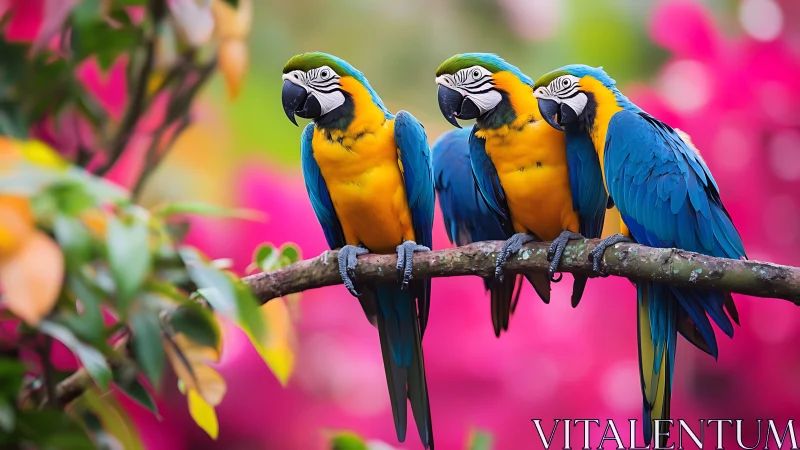 Three Colorful Macaws on Branch with Vibrant Pink Floral Background.