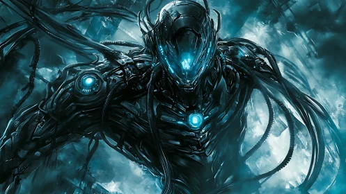 Cyborg entity advances through fog with glowing blue core