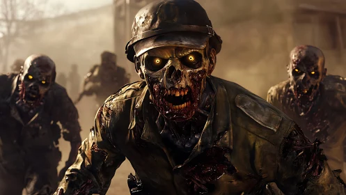 Group of decayed soldier zombies advancing toward viewer.
