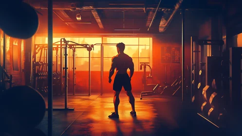 Silhouette bodybuilder in glowing sunset-lit urban gym.