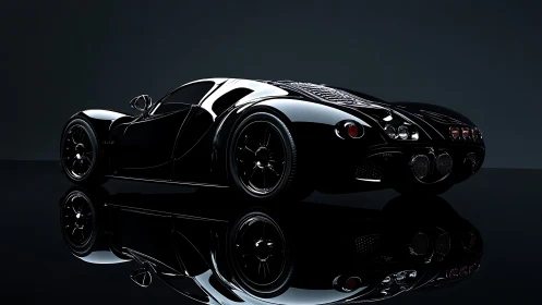 Midnight gloss supercar render with reflective studio floor.