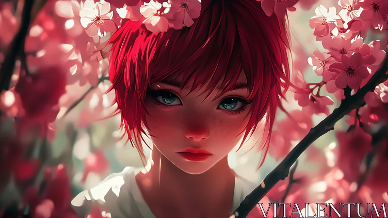 Red haired girl under cherry blossoms, shallow depth of field