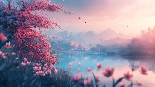 Dreamy lakeside blossoms beneath soft pastel mountains.