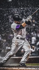 Rain-soaked batter swinging with grit under stadium lights.