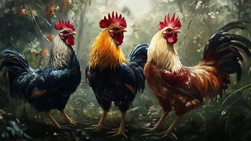 Three Roosters in Misty Forest Setting