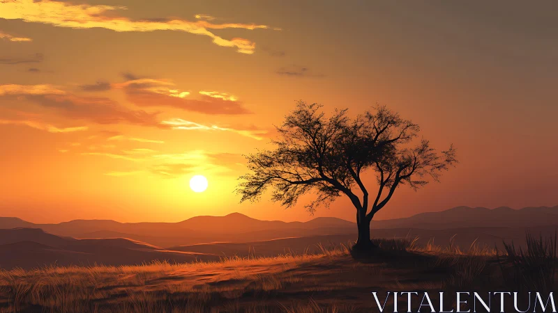 Solitary tree on low hill against layered sunset horizon.