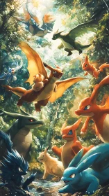 Elemental creatures clash under glowing forest canopy.