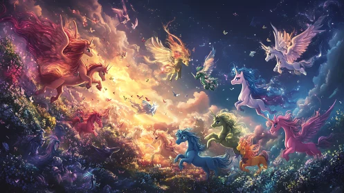 Prismatic winged unicorns racing through celestial clouds.