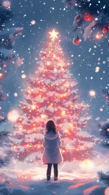 Girl in winter coat admiring a glowing snowy Christmas tree.