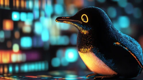 Neon cyberpunk penguin sculpture against bokeh city lights.