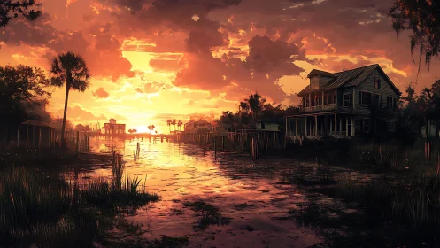 Sunset blazes over a quiet Southern bayou neighborhood.