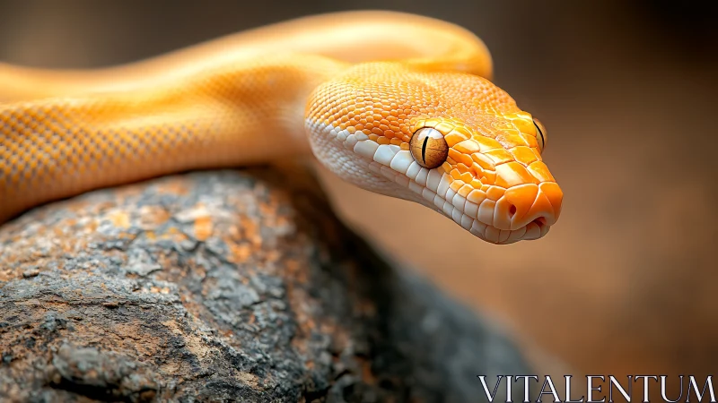 Macro portrait of orange albino snake on rock in warm bokeh