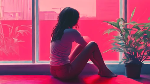 Chromatic interior silhouette with contemplative seated figure.