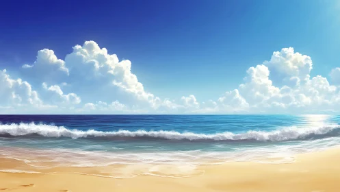 Sunlit ocean waves roll gently onto a soft sandy shore