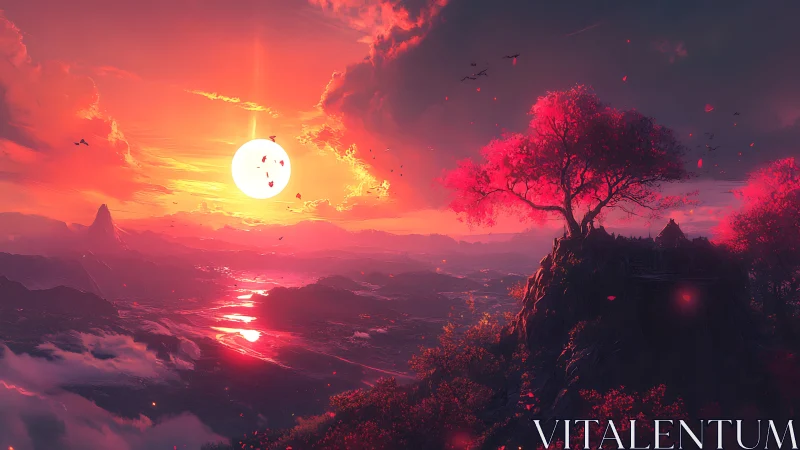 Sunlit valley landscape with red tree on rocky overlook.