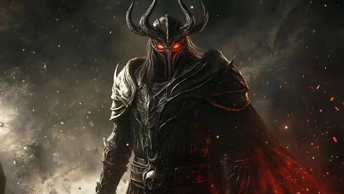 Dark armored warlord with glowing red eyes in smoke