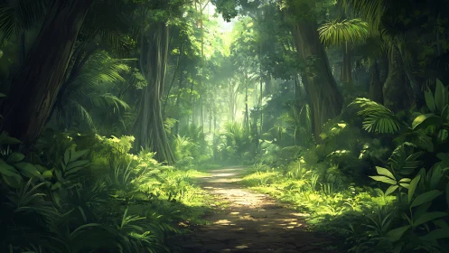 Dense tropical forest path with tall palms and dappled sunlight
