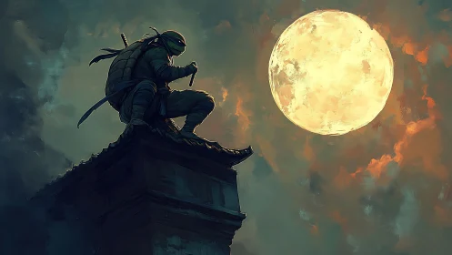 Nocturnal rooftop vigil contrasts ninja silhouette and huge moon
