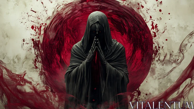 Hooded dark figure stands before swirling red circle