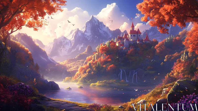 Autumn fantasy castle above misty lake and waterfalls.