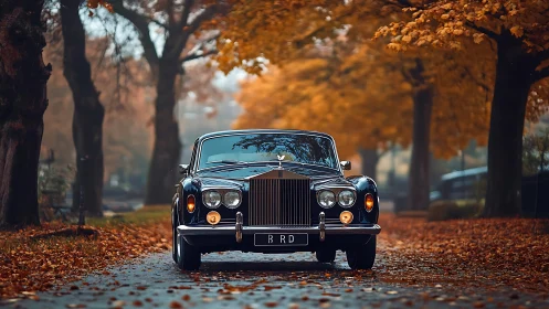 Autumn boulevard crowns a regal vintage Rolls-Royce.