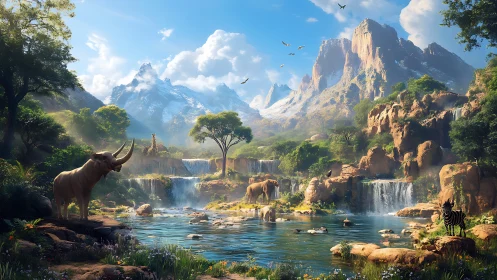 Sunlit Savannah Oasis Beneath Storybook Mountain Peaks.