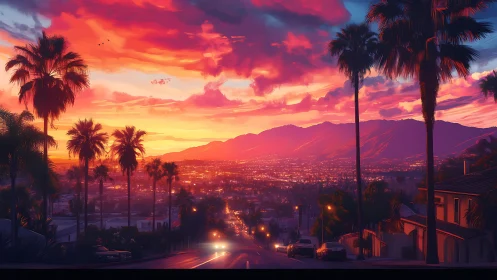 Neon-tinted sunset boulevard over palm-lined hillside city