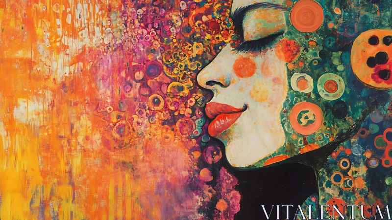 Joyful woman in swirling abstract colors and peaceful calm.