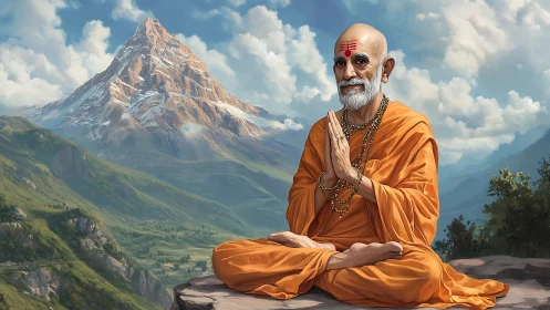 Mountain sage in orange robes meditates above lush valley.