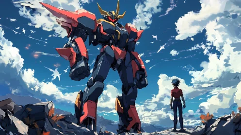 Giant red mecha and pilot stand under wide open sky.