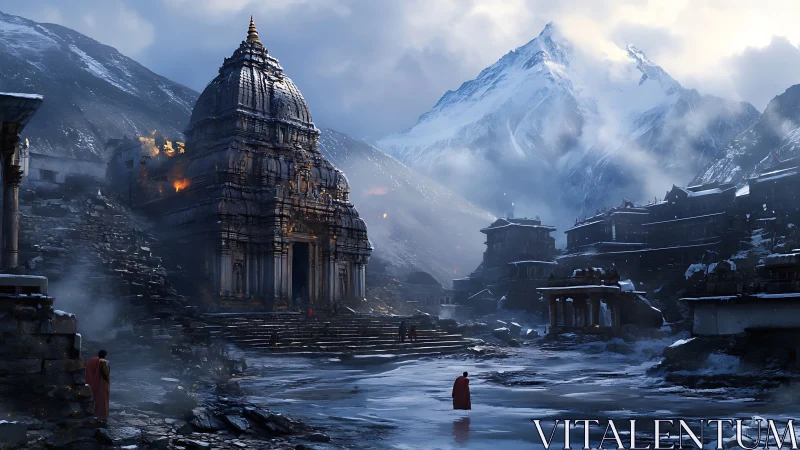 Ancient Himalayan temple rendered in atmospheric digital realism