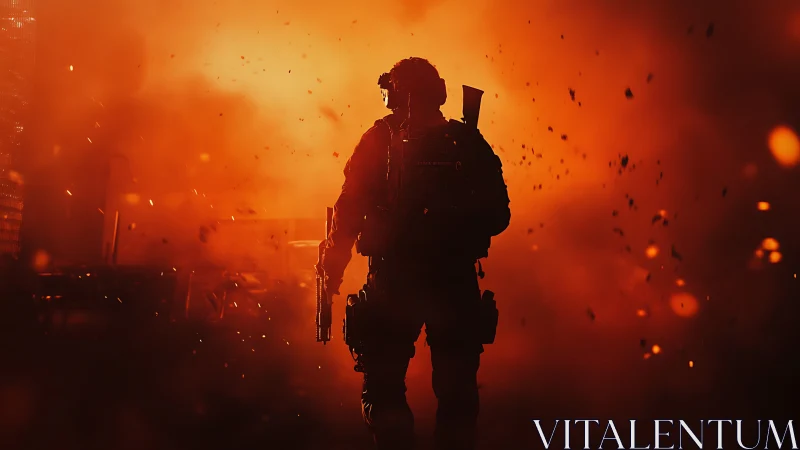 Lone soldier strides through burning dusk and drifting embers.