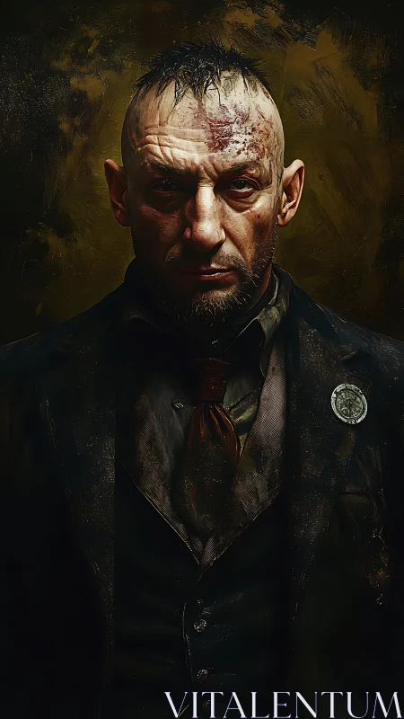 Scarred enforcer in tattered suit under bruised golden light.