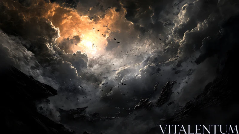 Storm-torn sky opening above shadowed jagged ravine.