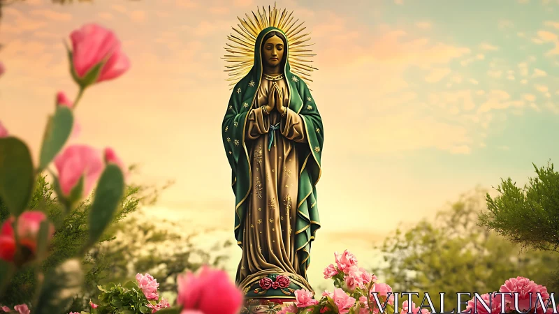 Polychrome Marian statue with halo rendered in soft sunset garden