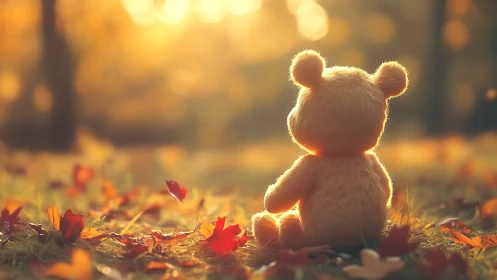 Soft teddy bear sits in glowing autumn forest light.