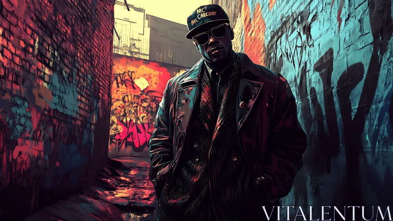 Street rapper in graffiti alley wearing dark leather coat.