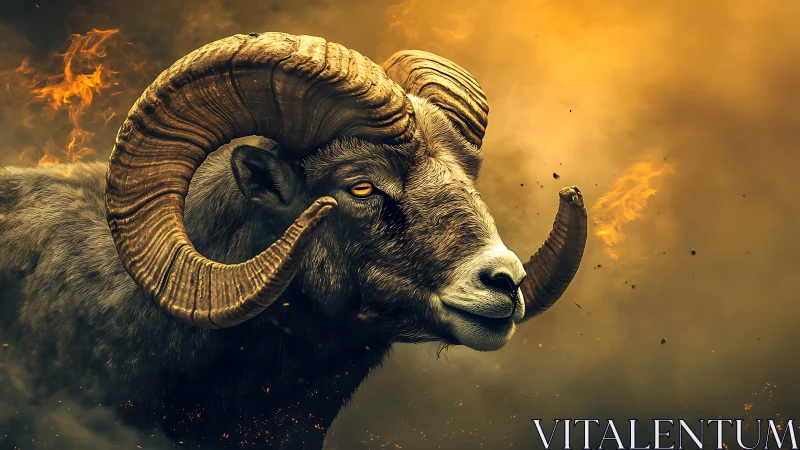 Fiery horned ram emerging through cinematic molten haze.