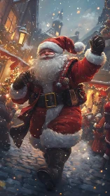 Santa strides through festive snowy village street at dusk