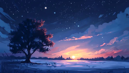Solitary dusk tree greeting a violet-blue star-swept sky.