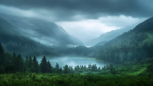 Storm-kissed valley lake wrapped in whispering emerald mists.
