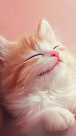 Fluffy white cat with pink nose sleeping against soft pink background