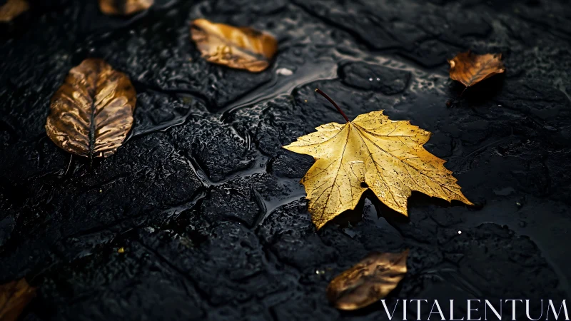 Wet pavement with yellow autumn leaf in sharp focus.