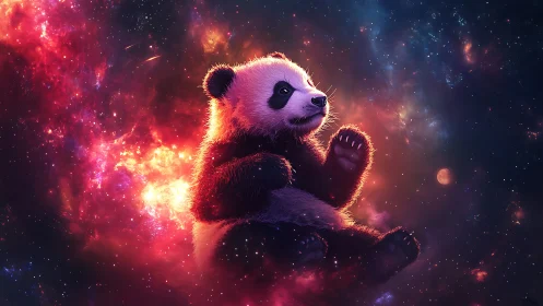 Digital rendering shows panda floating against nebula field